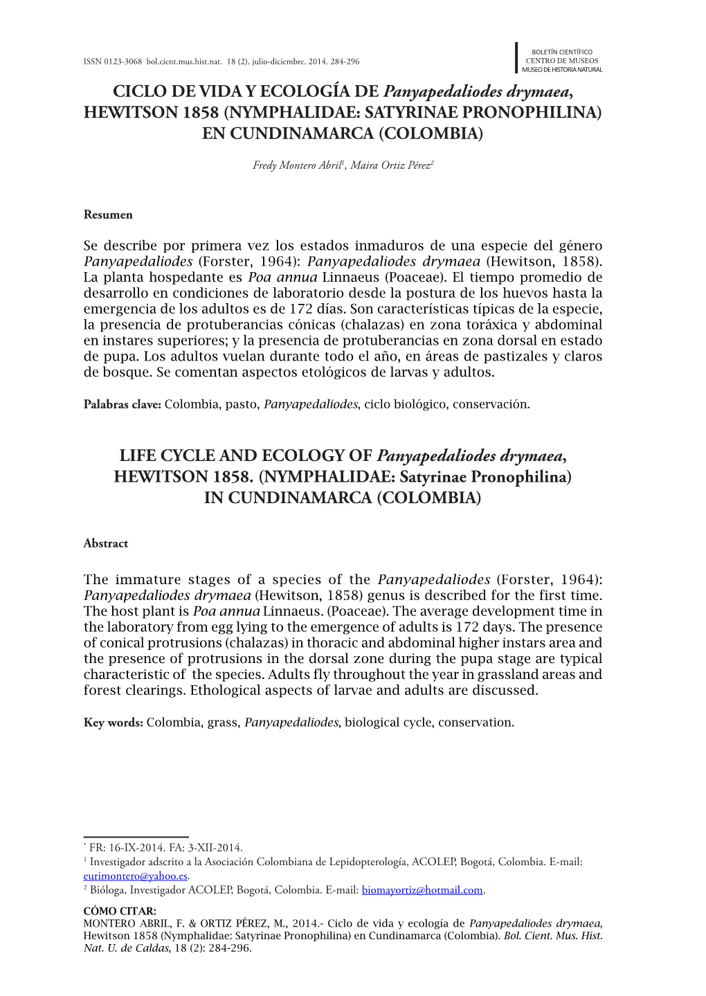 CICLO DE VIDA Y ECOLOGÍA DE Panyapedaliodes Drymaea, HEWITSON 1858 (NYMPHALIDAE: SATYRINAE PRONOPHILINA) EN CUNDINAMARCA (COLOMBIA)