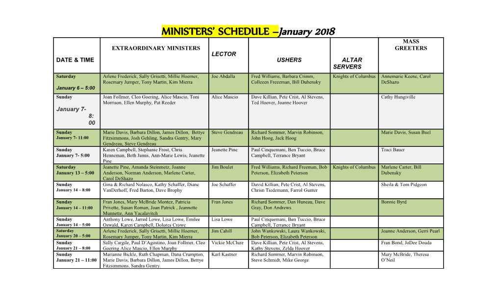 MINISTERS SCHEDULE January 2018