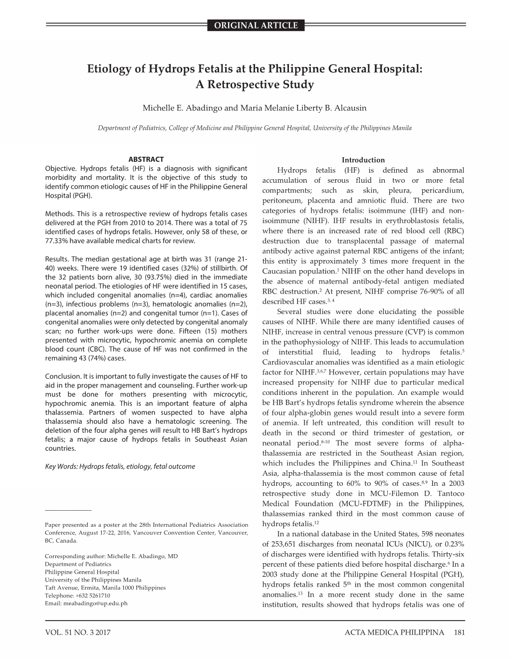 Etiology of Hydrops Fetalis at the Philippine General Hospital: a Retrospective Study