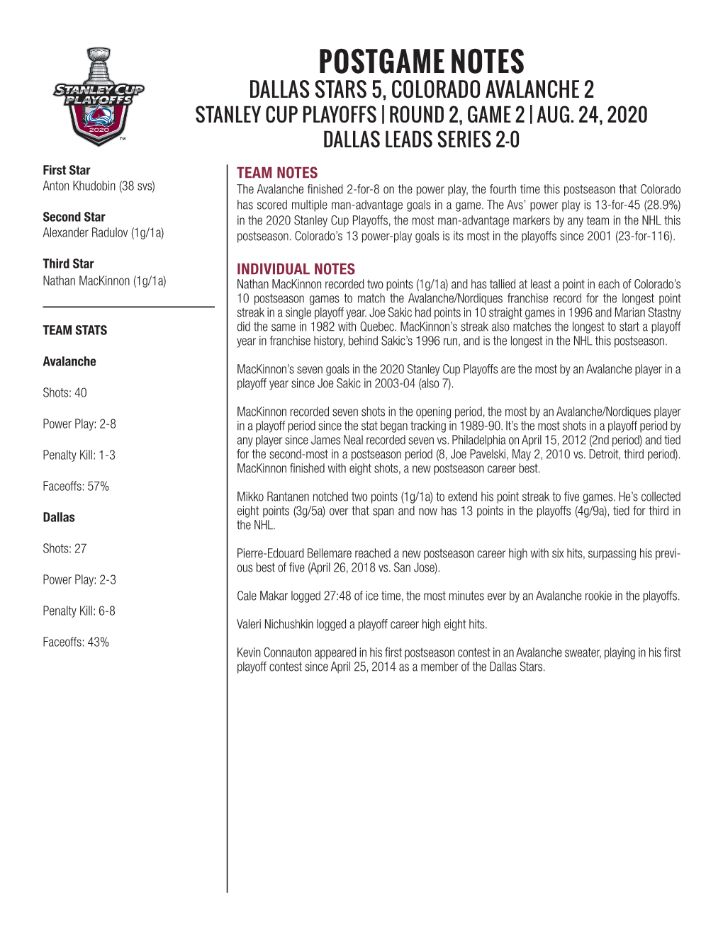 Postgame Notes Dallas Stars 5, Colorado Avalanche 2 Stanley Cup Playoffs | Round 2, Game 2 | Aug