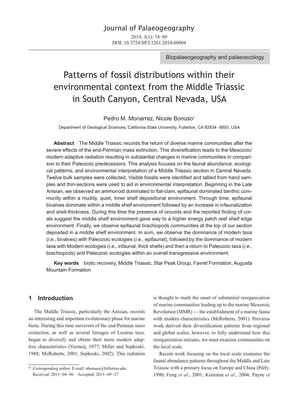 Patterns of Fossil Distributions Within Their Environmental Context from the Middle Triassic in South Canyon, Central Nevada, USA