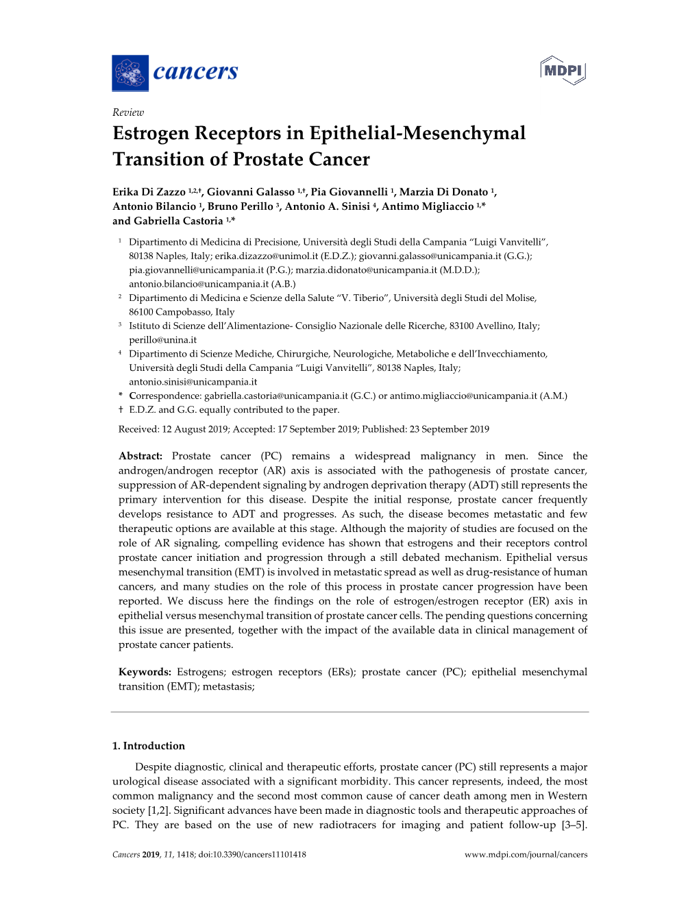 Estrogen Receptors in Epithelial-Mesenchymal Transition of Prostate Cancer