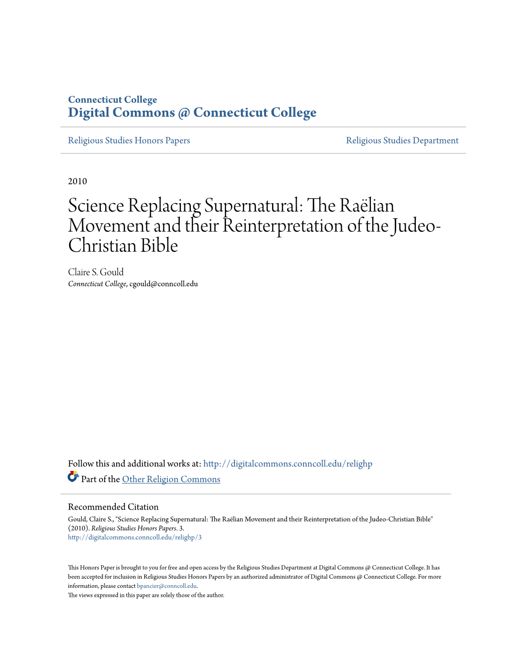 The Raëlian Movement and Their Reinterpretation of the Judeo- Christian Bible Claire S