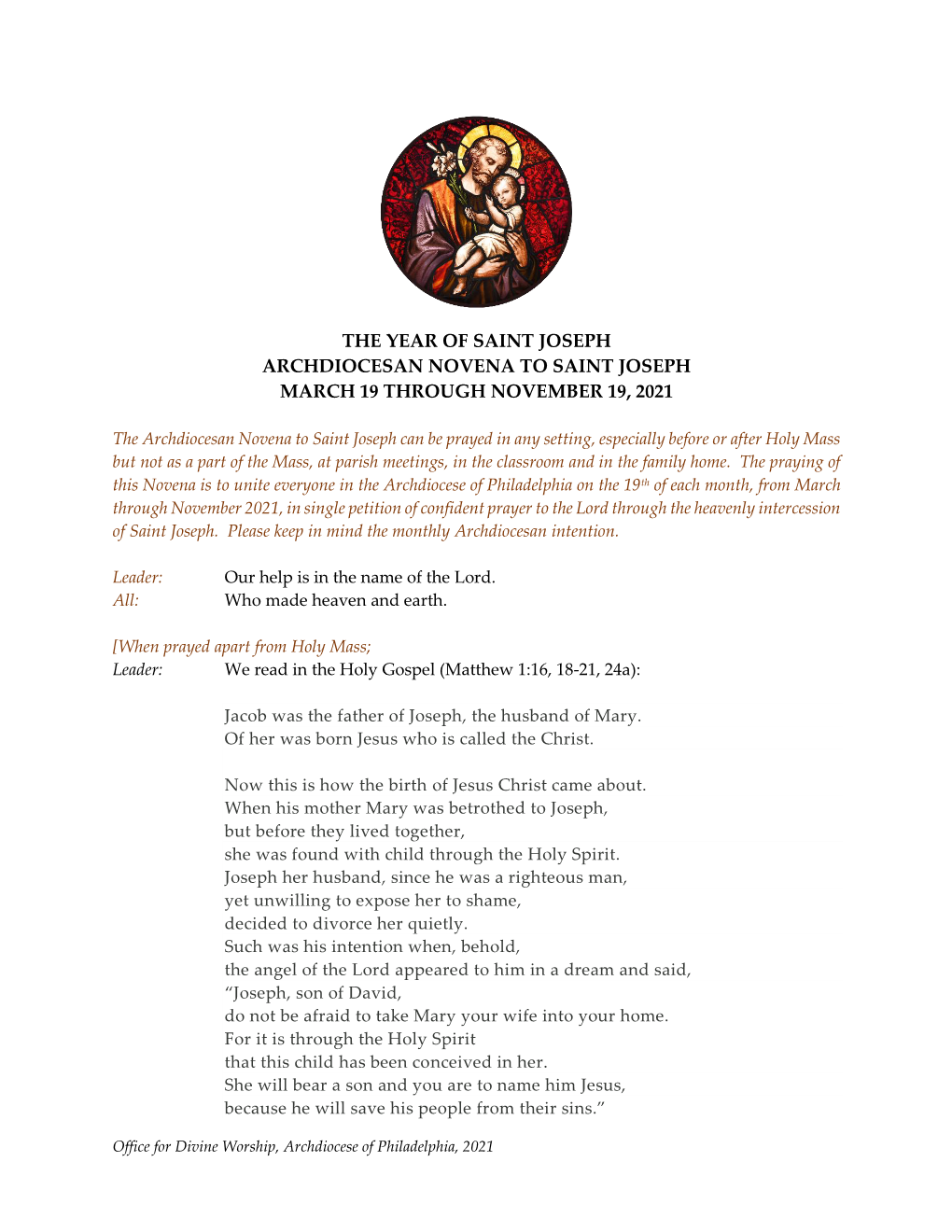 Archdiocesan Novena to Saint Joseph March 19 Through November 19, 2021