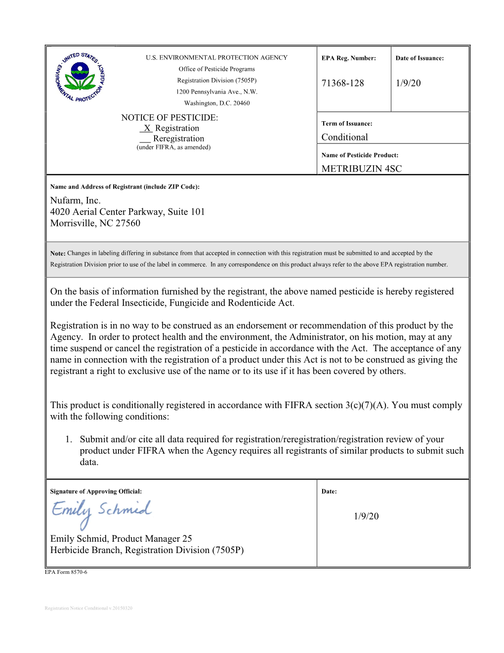 US EPA, Pesticide Product Label, METRIBUZIN 4SC,01/09/2020