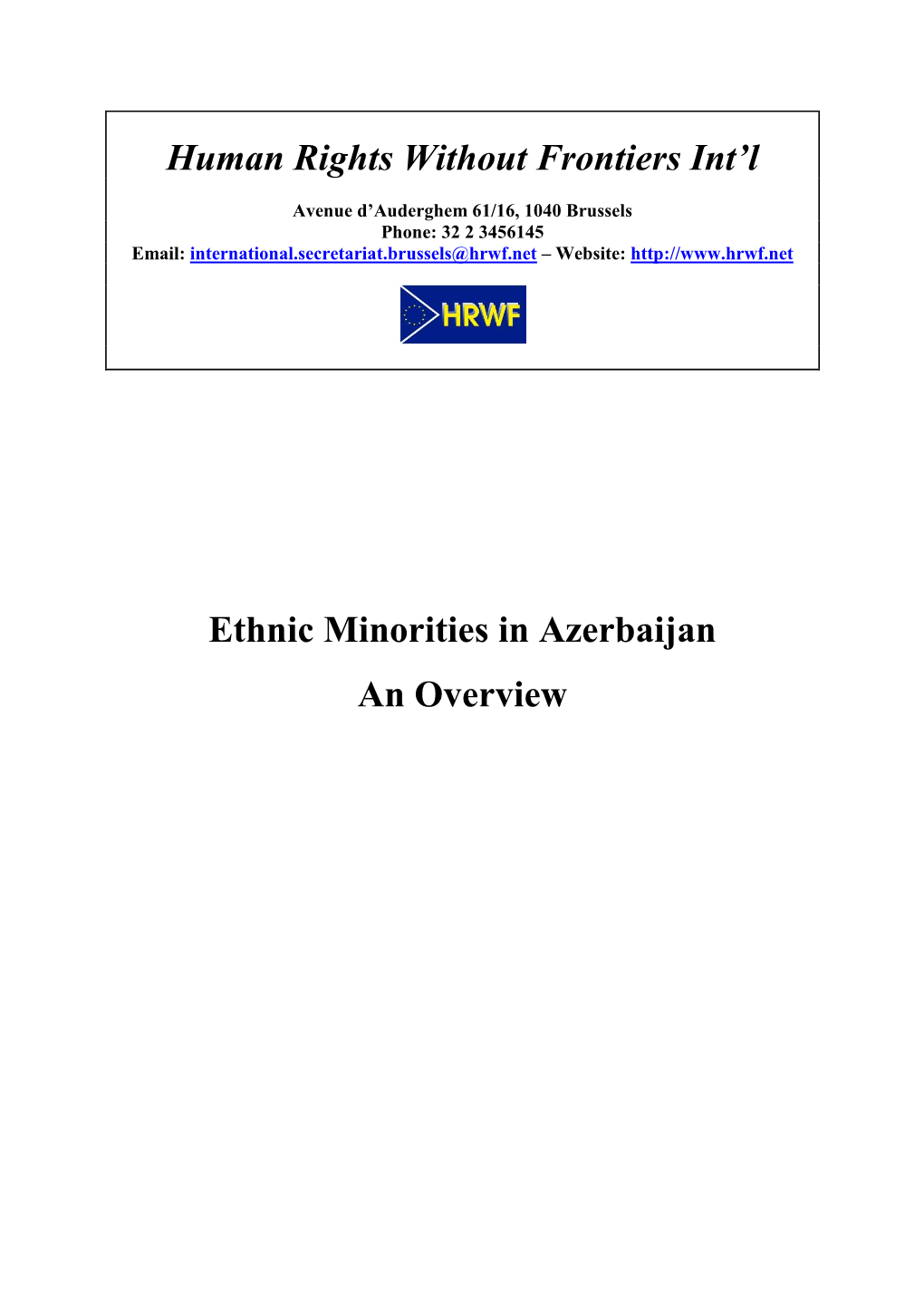 Human Rights Without Frontiers Int'l Ethnic Minorities in Azerbaijan