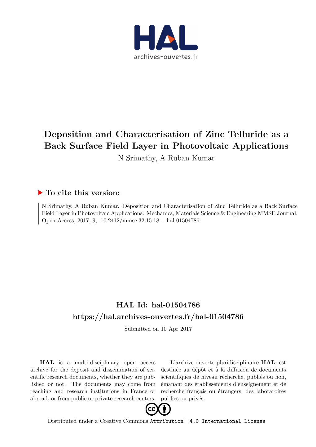 Deposition and Characterisation of Zinc Telluride As a Back Surface Field Layer in Photovoltaic Applications N Srimathy, a Ruban Kumar