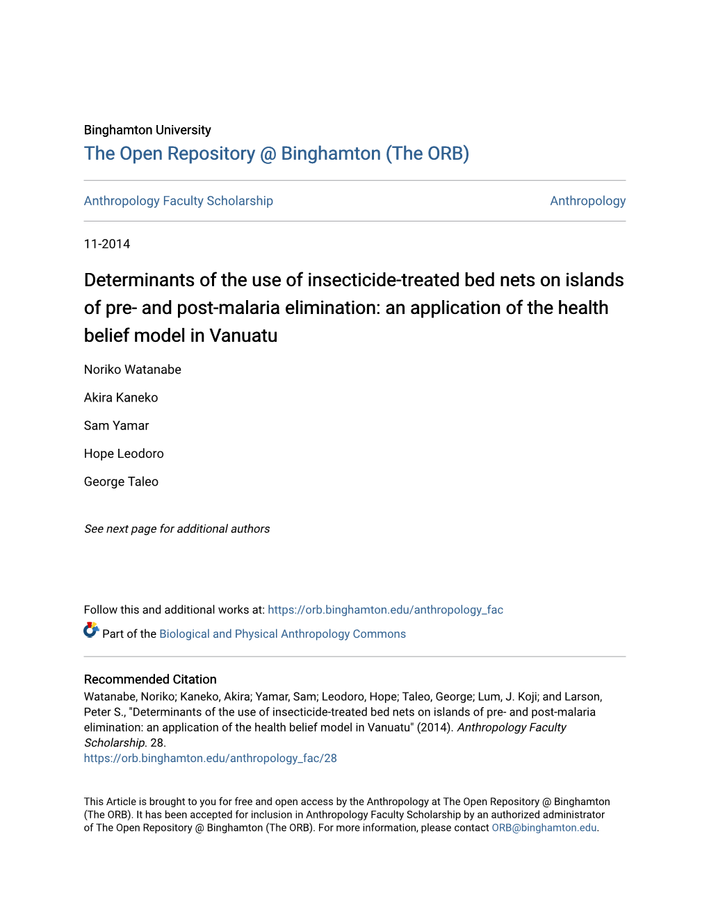 And Post-Malaria Elimination: an Application of the Health Belief Model in Vanuatu