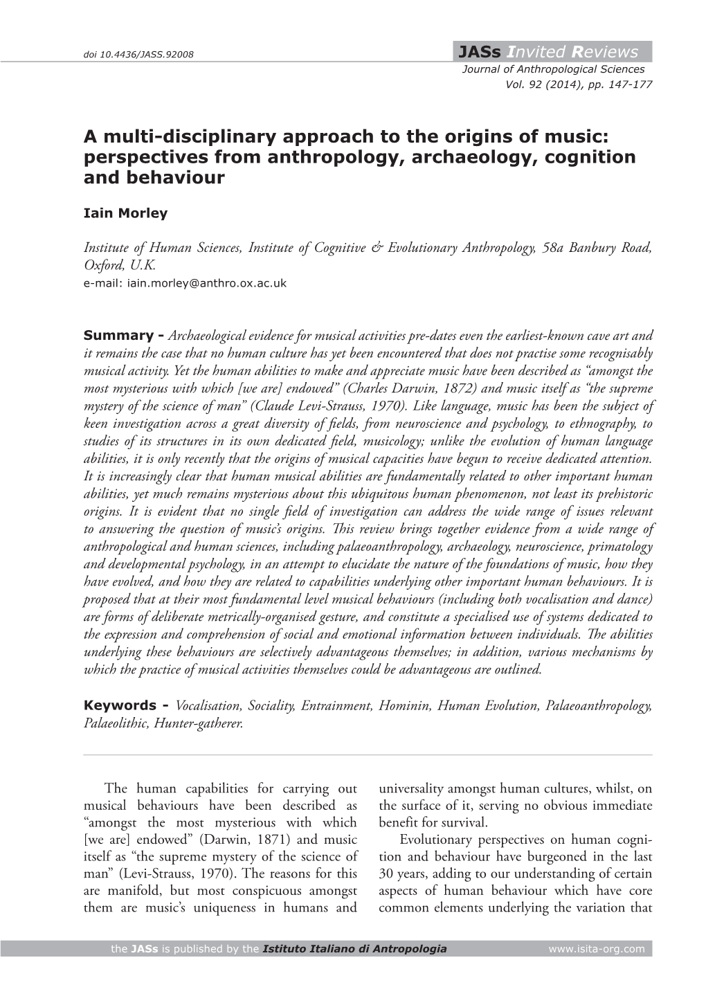 Perspectives from Anthropology, Archaeology, Cognition and Behaviour