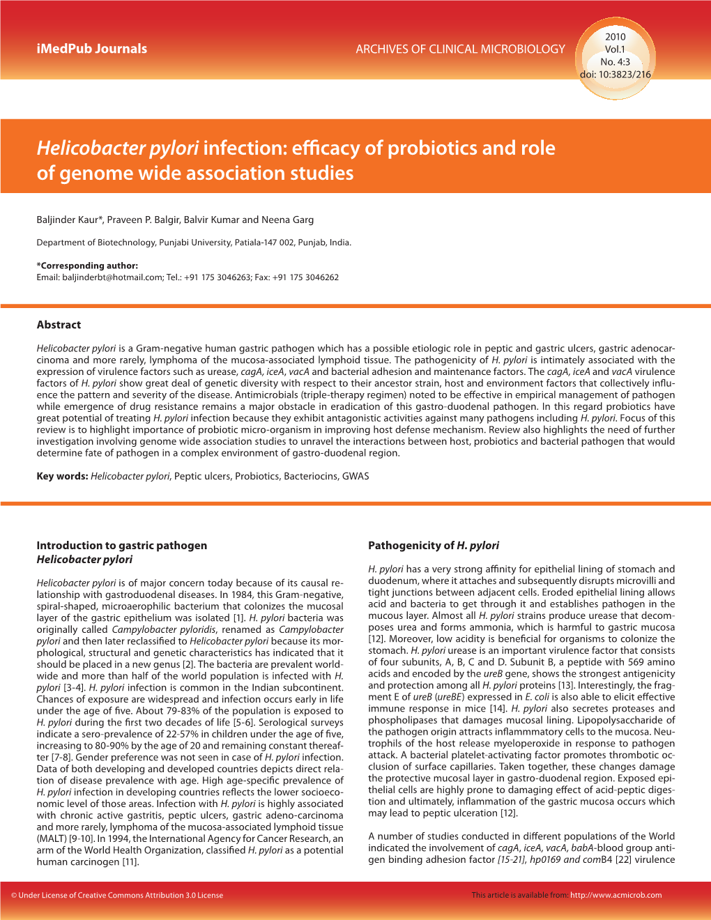 Helicobacter Pylori Infection: Efficacy of Probiotics and Role of Genome Wide Association Studies