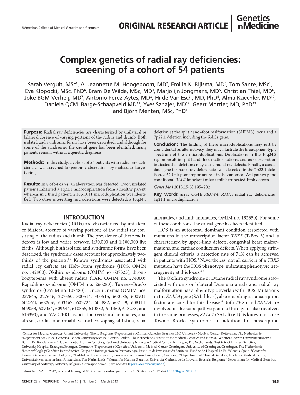 Complex Genetics of Radial Ray Deficiencies: Screening of a Cohort of 54 Patients