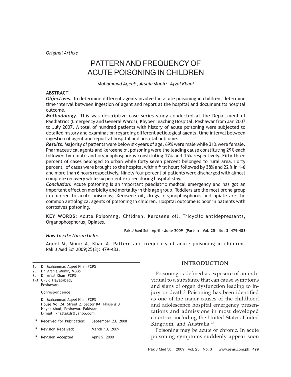 Pattern and Frequency of Acute Poisoning in Children