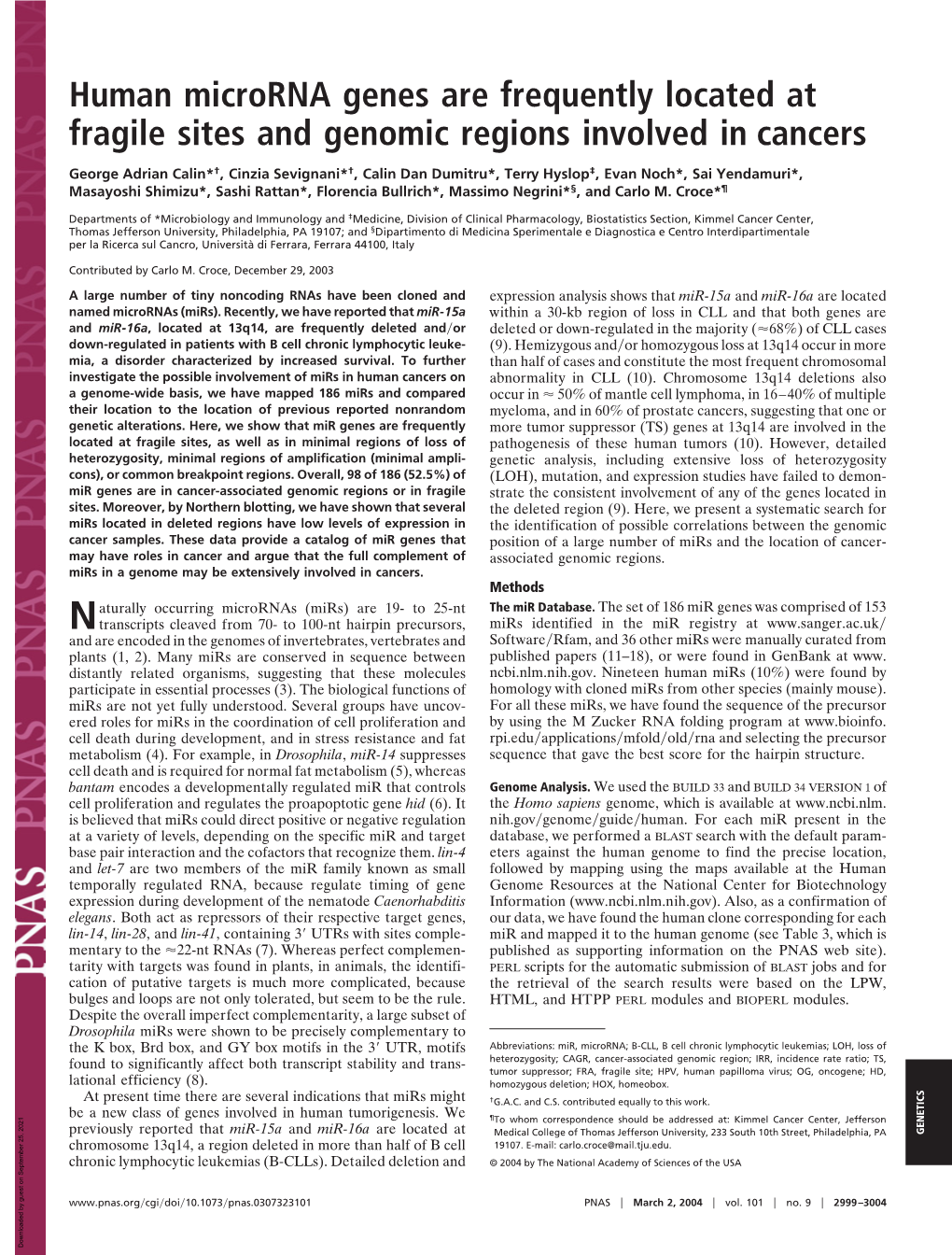 Human Microrna Genes Are Frequently Located at Fragile Sites and Genomic Regions Involved in Cancers