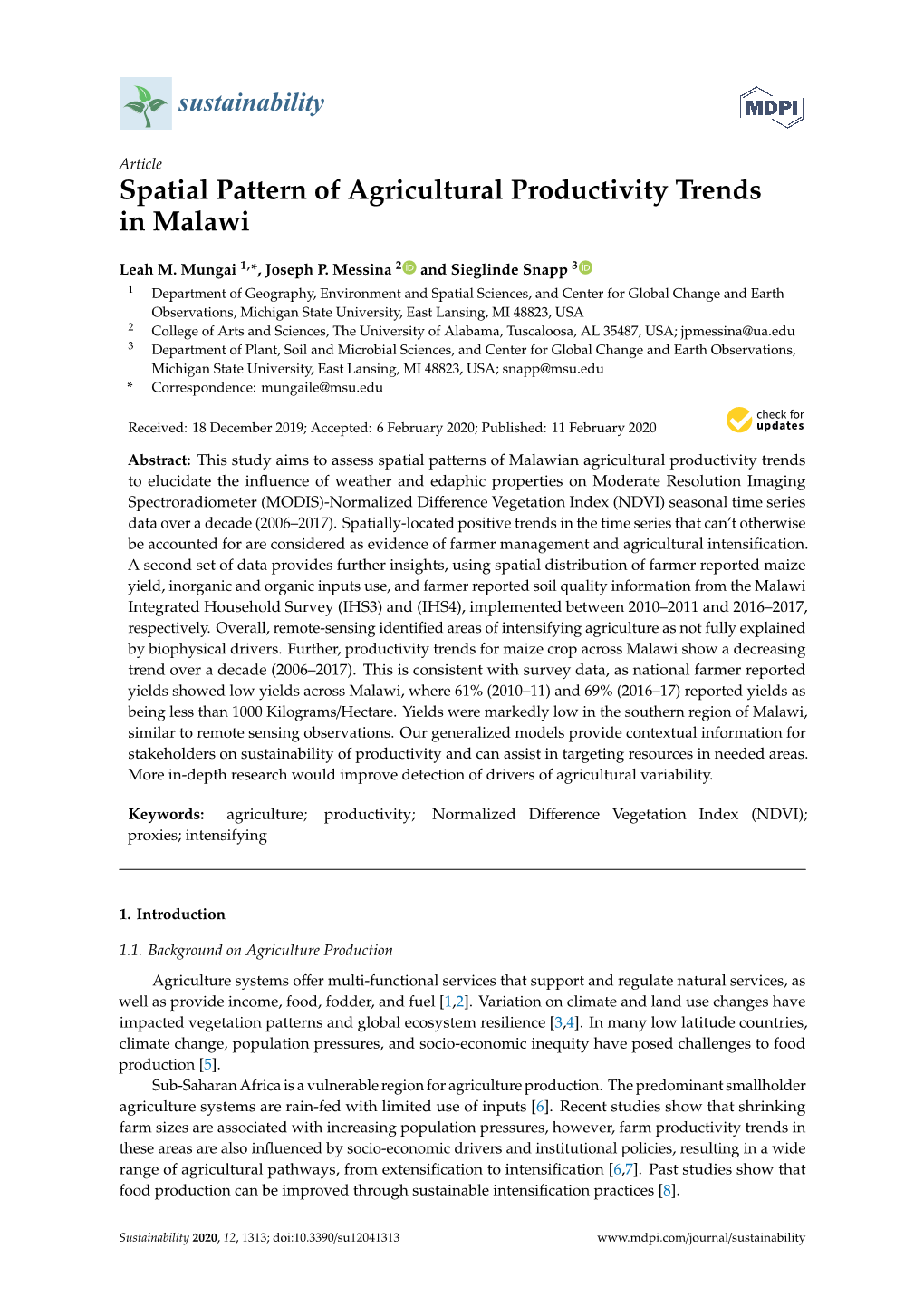 Spatial Pattern of Agricultural Productivity Trends in Malawi