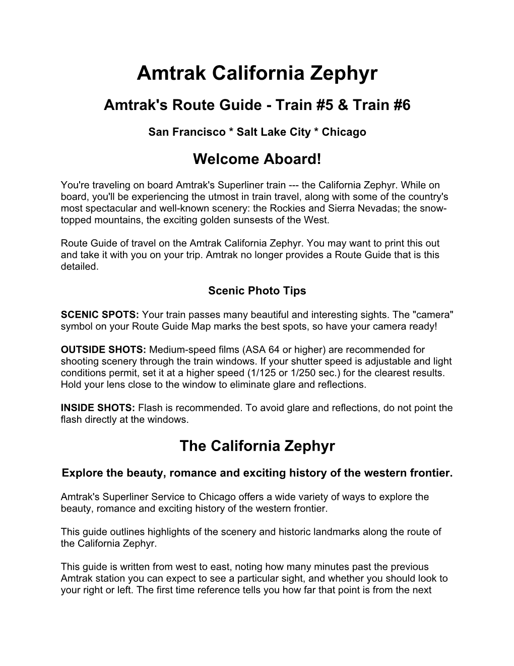 Amtrak California Zephyr Amtrak's Route Guide - Train #5 & Train #6