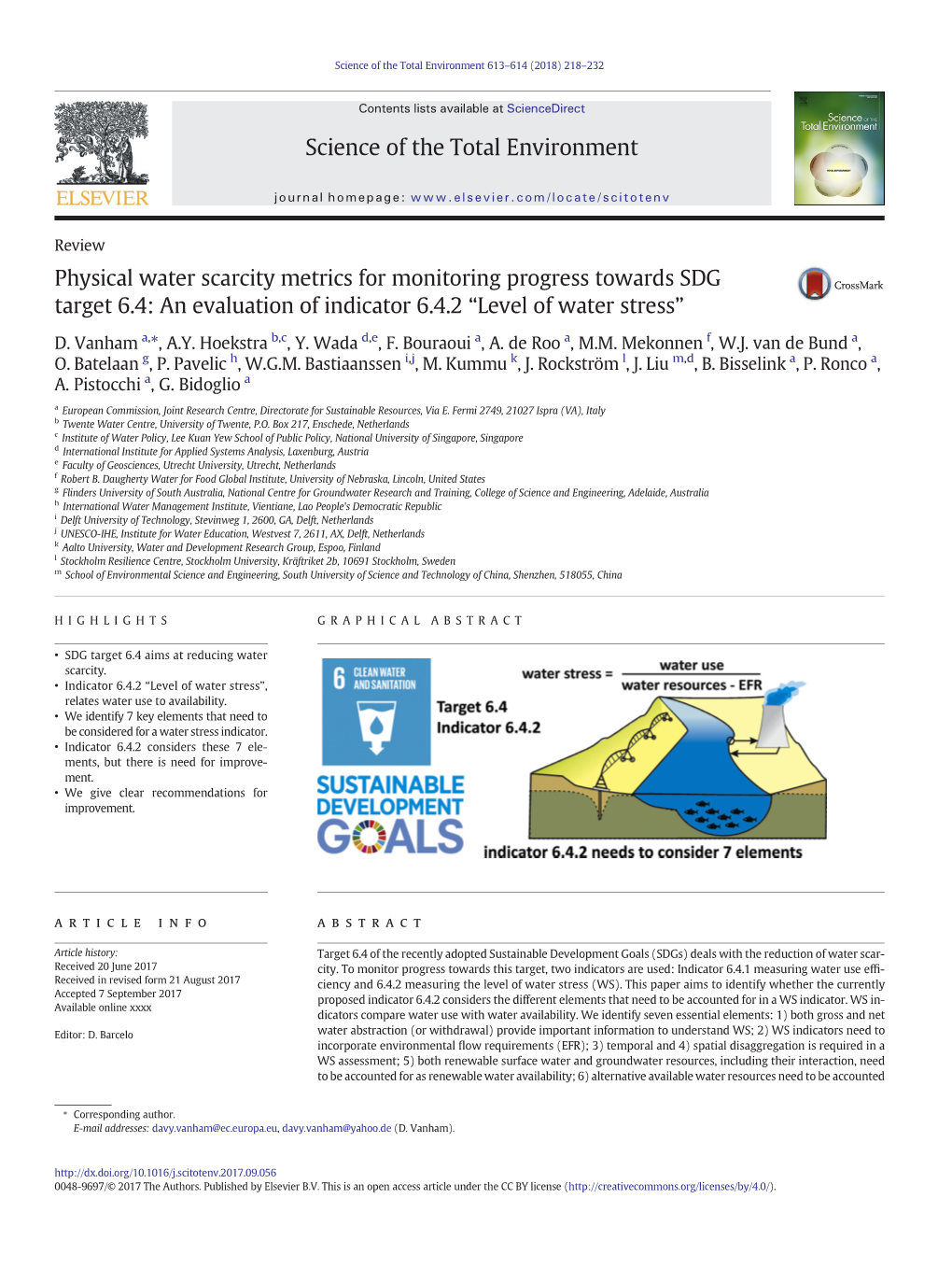 Physical Water Scarcity Metrics for Monitoring Progress Towards SDG Target 6.4: an Evaluation of Indicator 6.4.2 “Level of Water Stress”