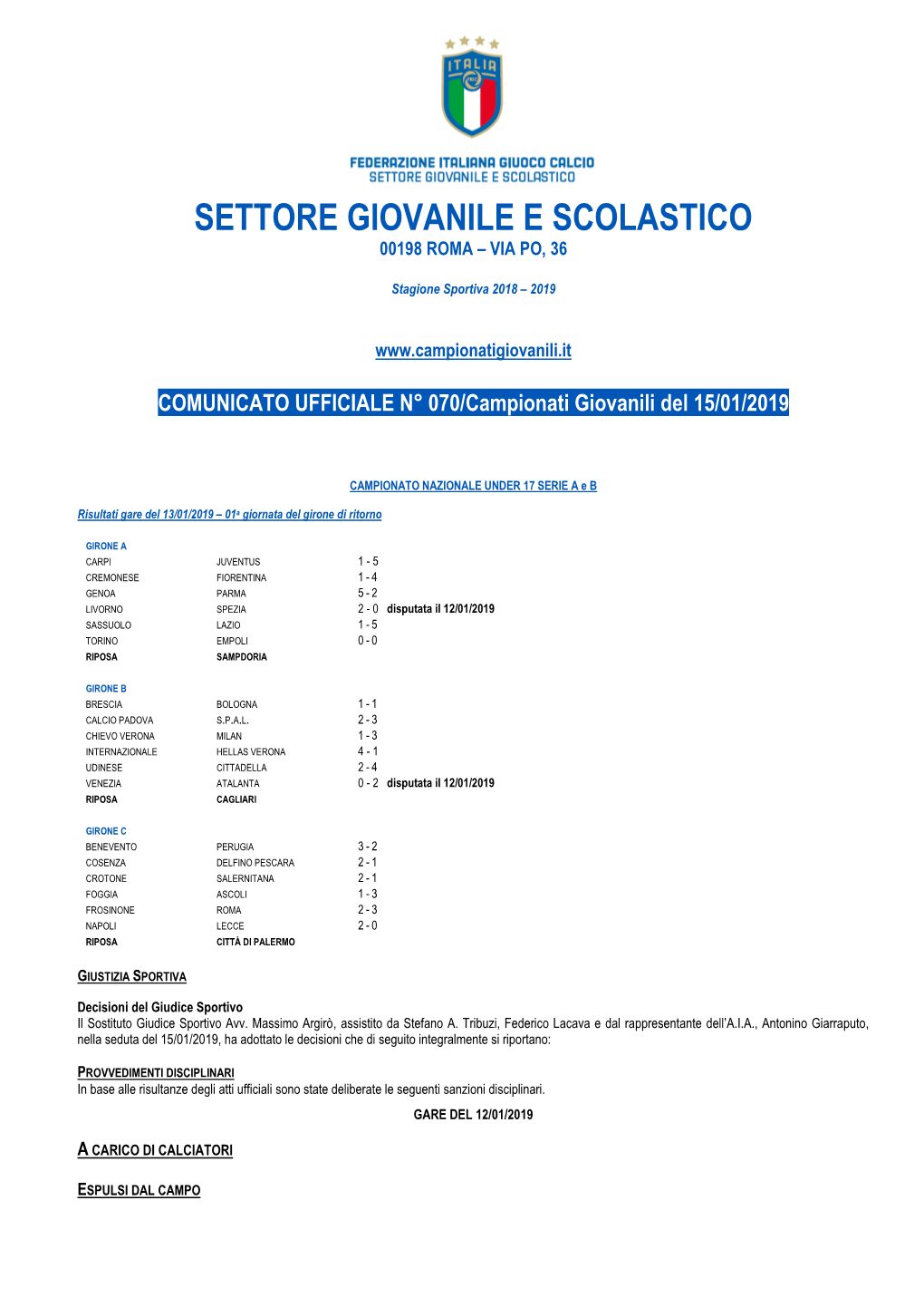 Settore Giovanile E Scolastico 00198 Roma – Via Po, 36