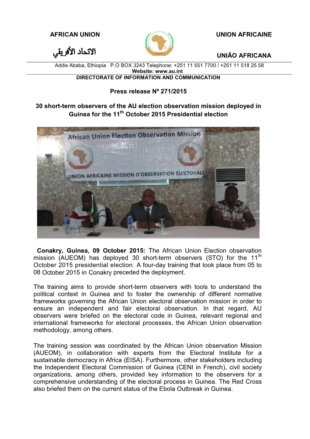 Press Release Nº 271/2015 30 Short-Term Observers of the AU
