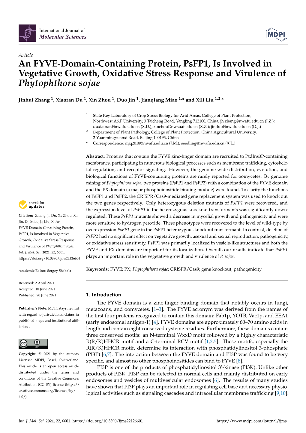 An FYVE-Domain-Containing Protein, Psfp1, Is Involved in Vegetative Growth, Oxidative Stress Response and Virulence of Phytophthora Sojae