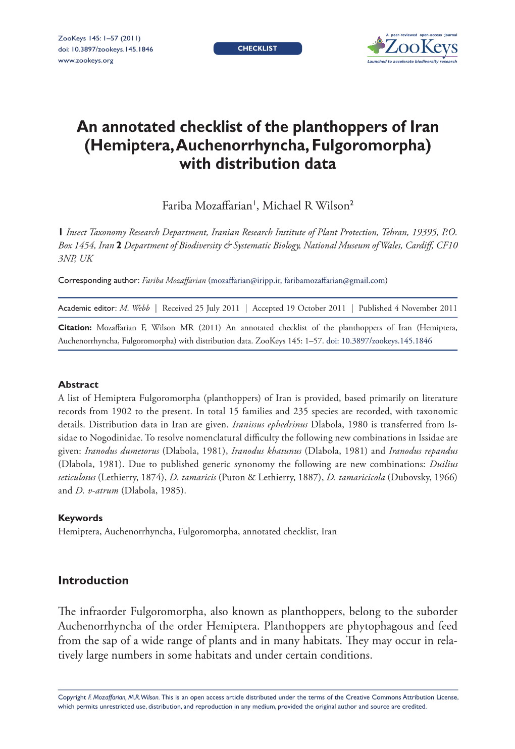 An Annotated Checklist of the Planthoppers of Iran