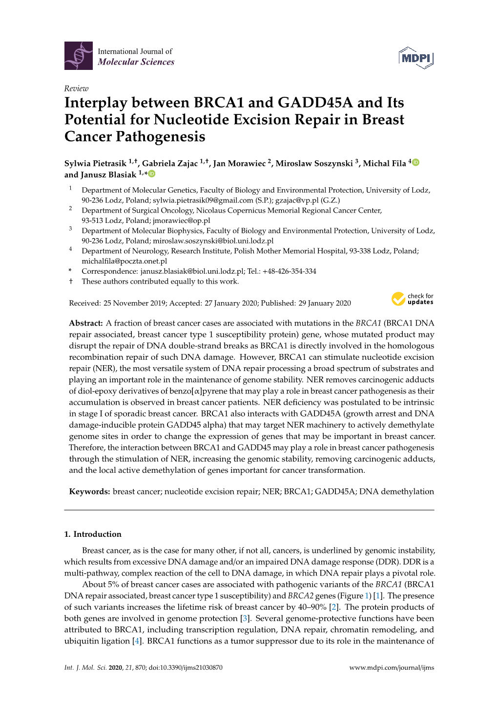 Interplay Between BRCA1 and GADD45A and Its Potential for Nucleotide Excision Repair in Breast Cancer Pathogenesis