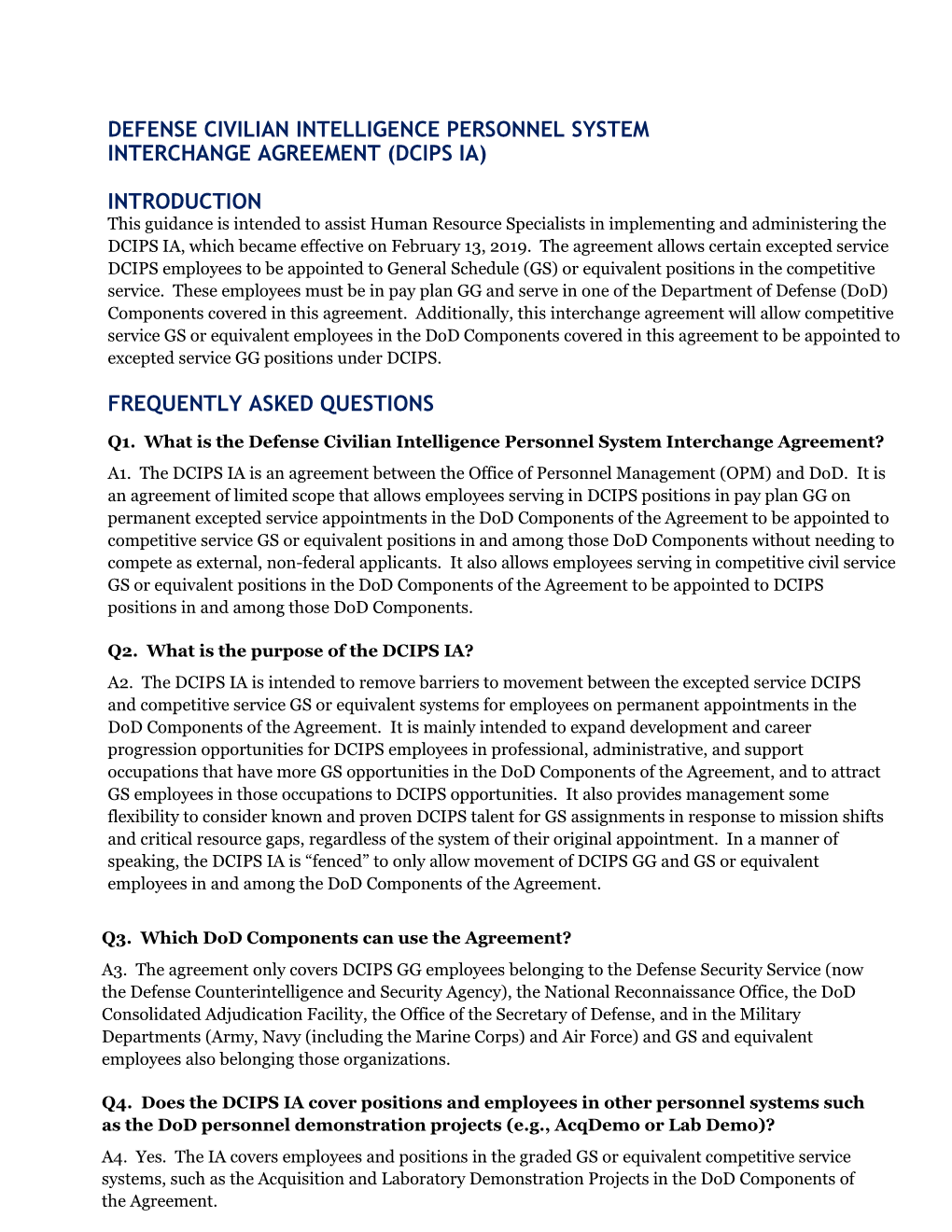Defense Civilian Intelligence Personnel System Interchange Agreement (Dcips Ia)