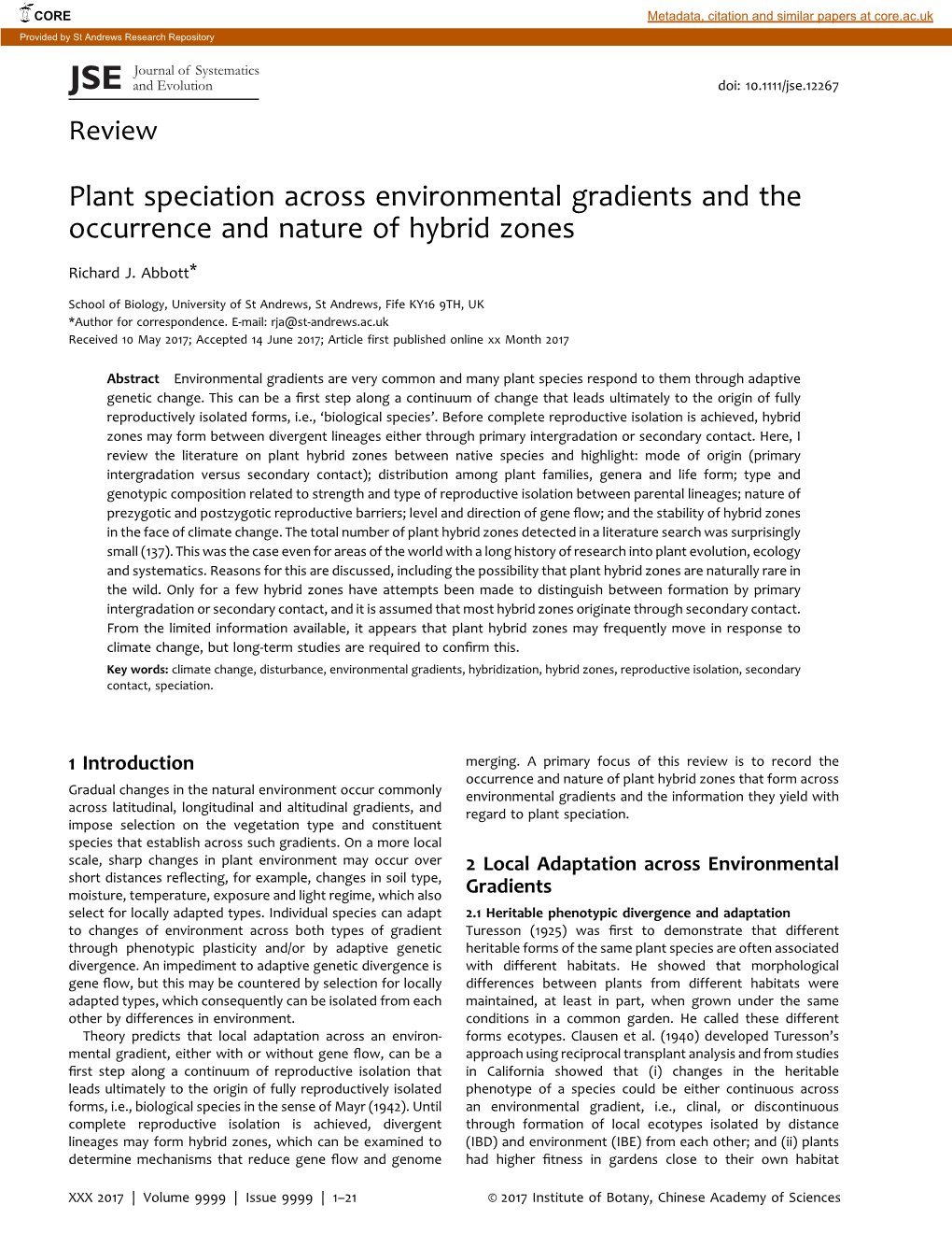 Plant Speciation Across Environmental Gradients and the Occurrence and Nature of Hybrid Zones