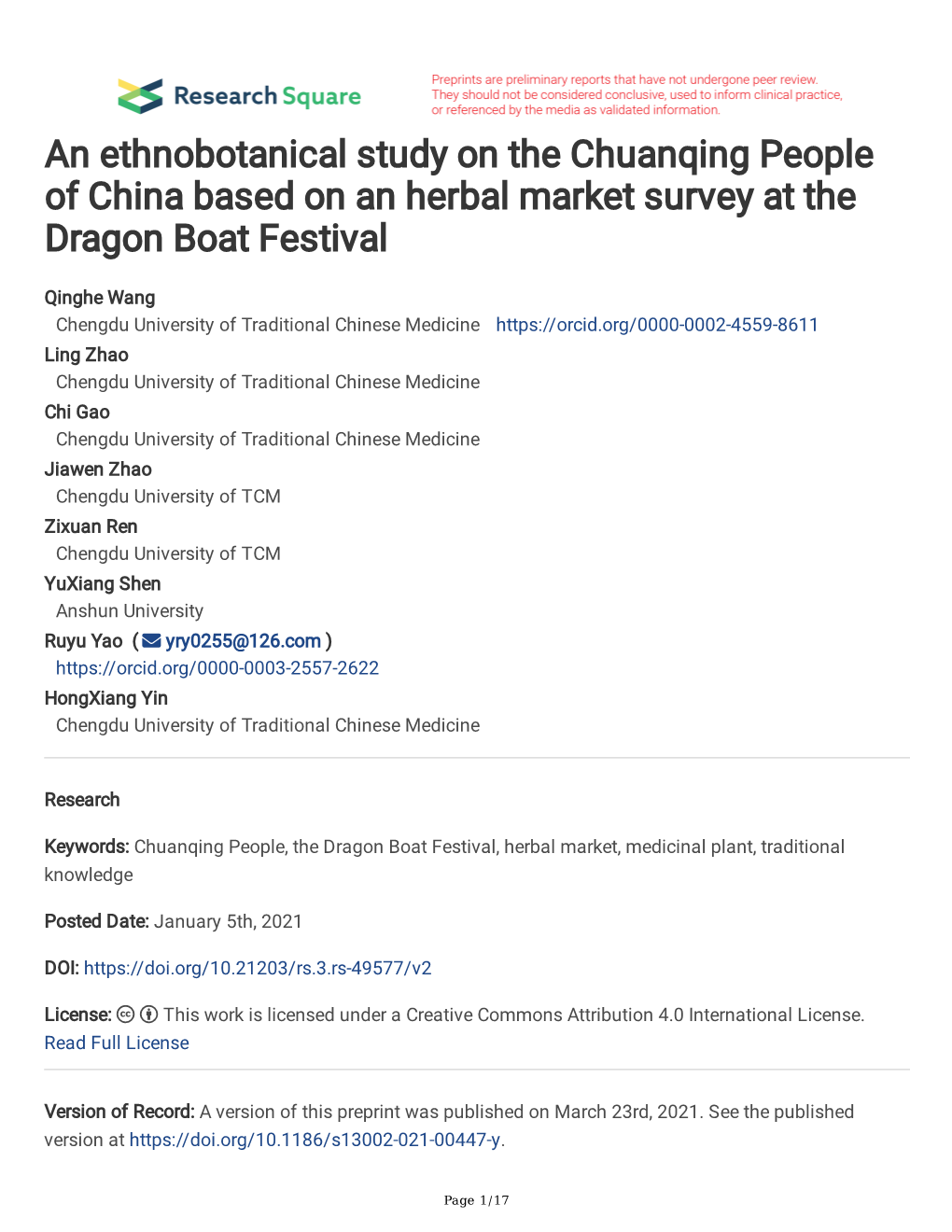 An Ethnobotanical Study on the Chuanqing People of China Based on an Herbal Market Survey at the Dragon Boat Festival