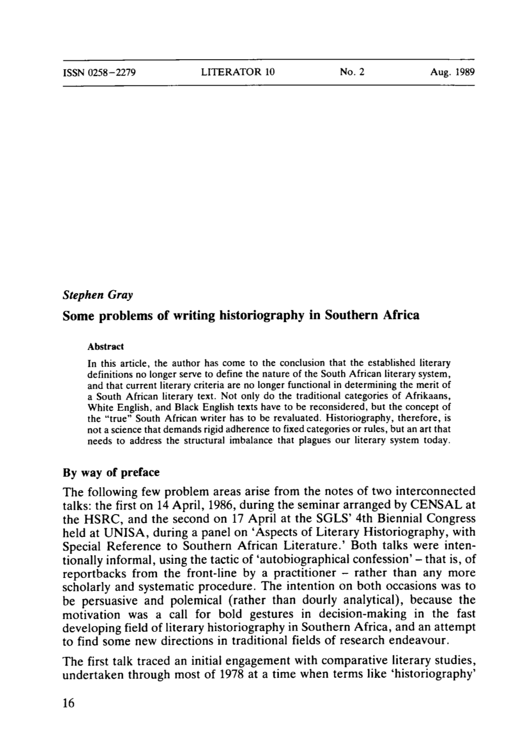 Stephen Gray Some Problems of Writing Historiography in Southern Africa