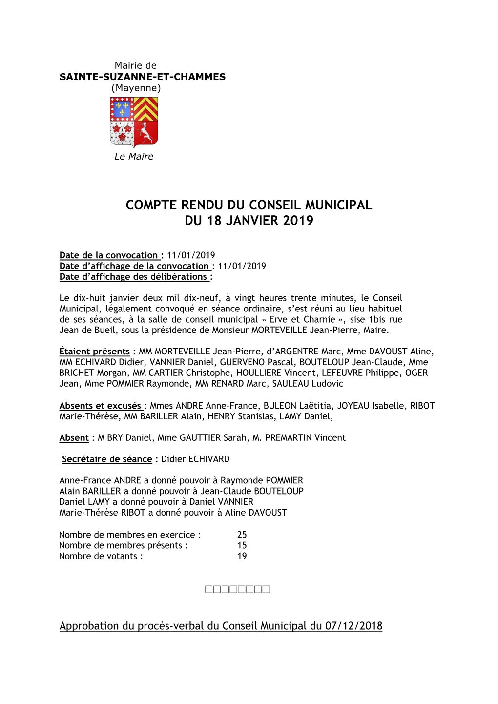 Conseil Municipal Du 18 Janvier 2019