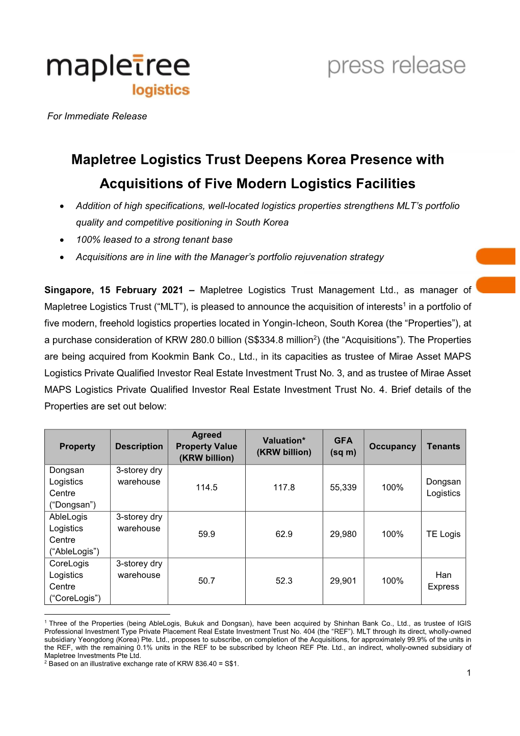 Mapletree Logistics Trust Deepens Korea Presence with Acquisitions of Five Modern Logistics Facilities