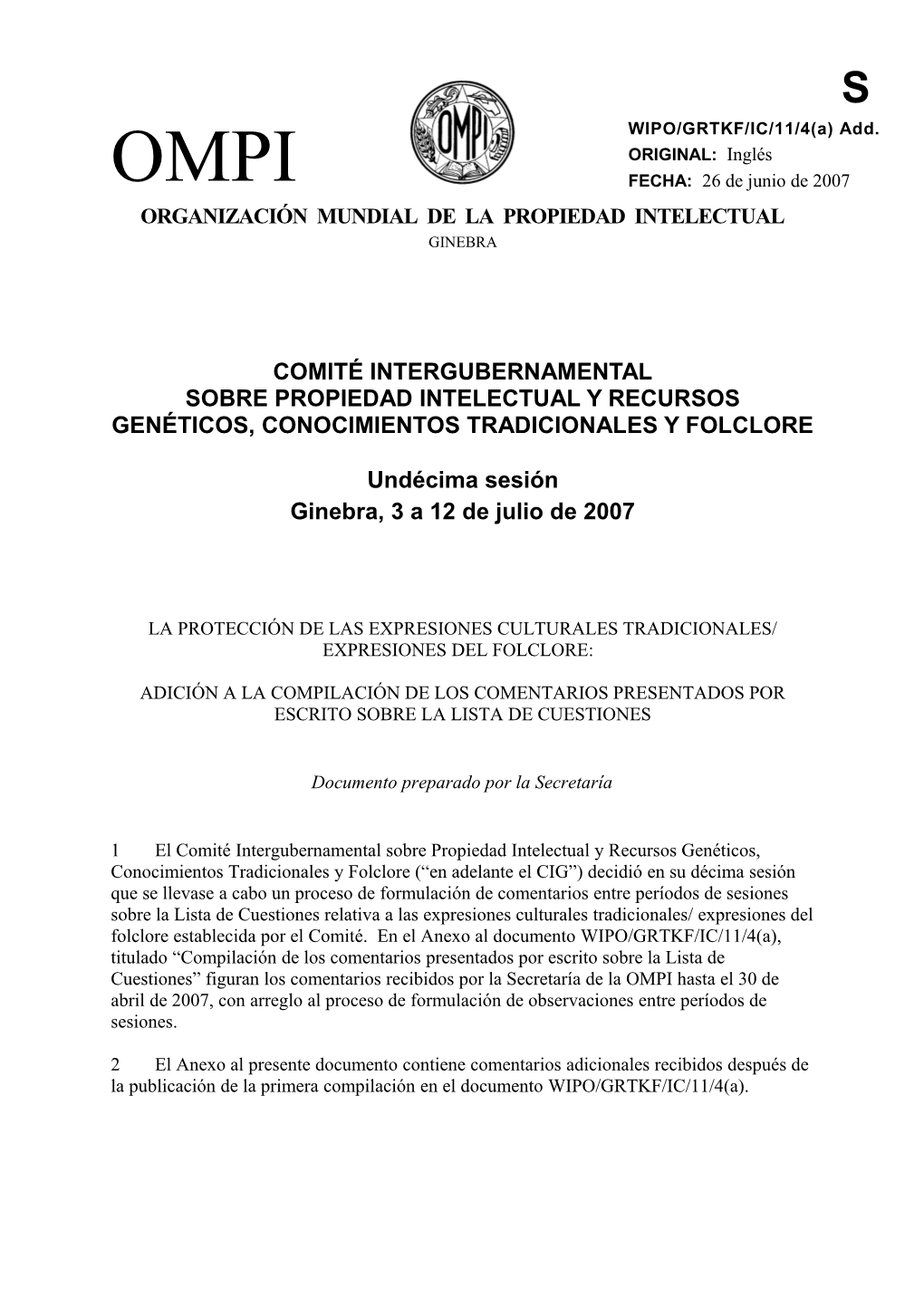 WIPO/GRTKF/IC/11/4(A) ADD.: La Proteccción De Las Expresiones Culturales Tradicionales