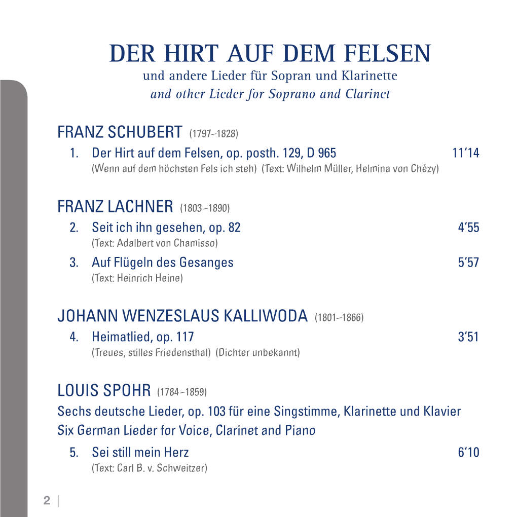 Der Hirt Auf Dem Felsen Und Andere Lieder Für Sopran Und Klarinette and Other Lieder for Soprano and Clarinet