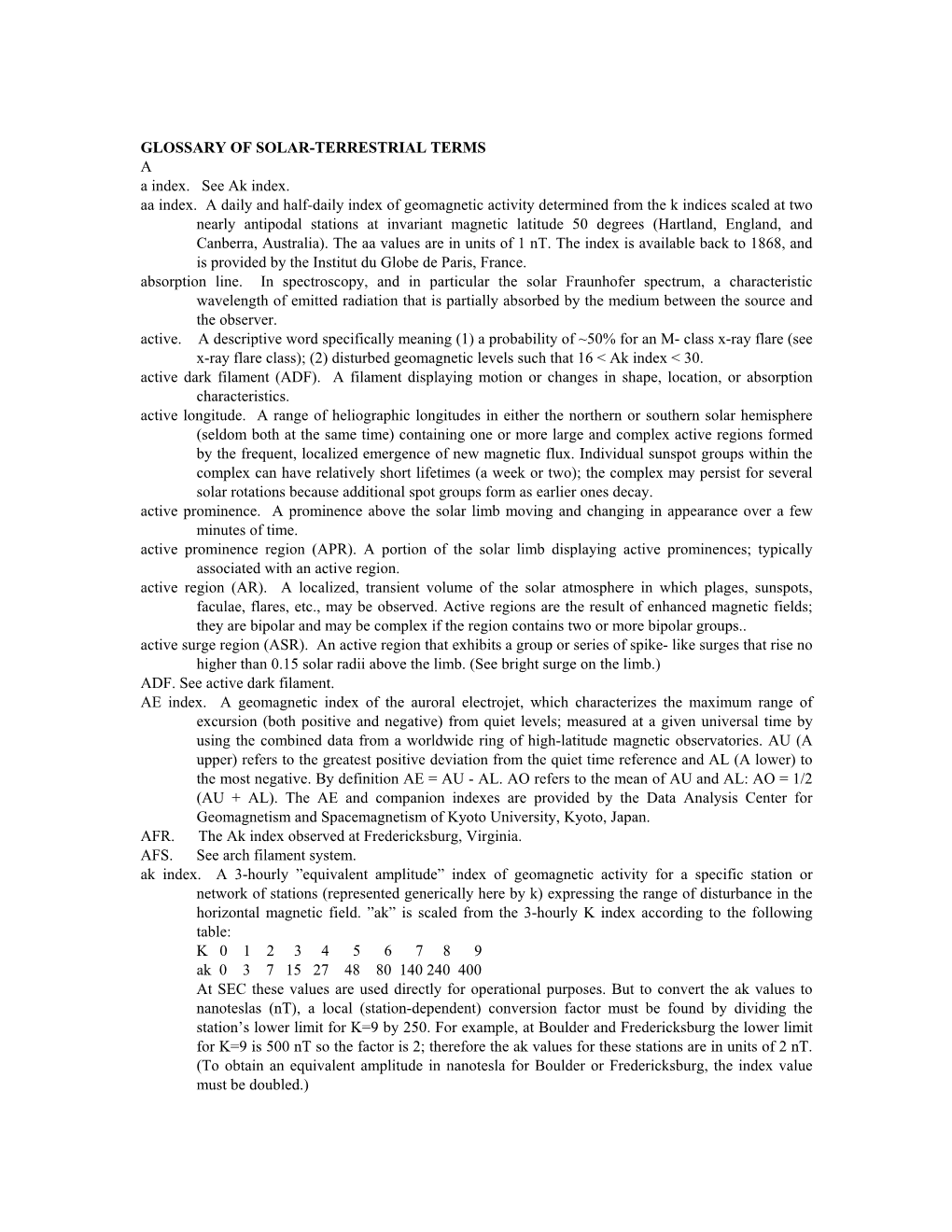 GLOSSARY of SOLAR-TERRESTRIAL TERMS a a Index