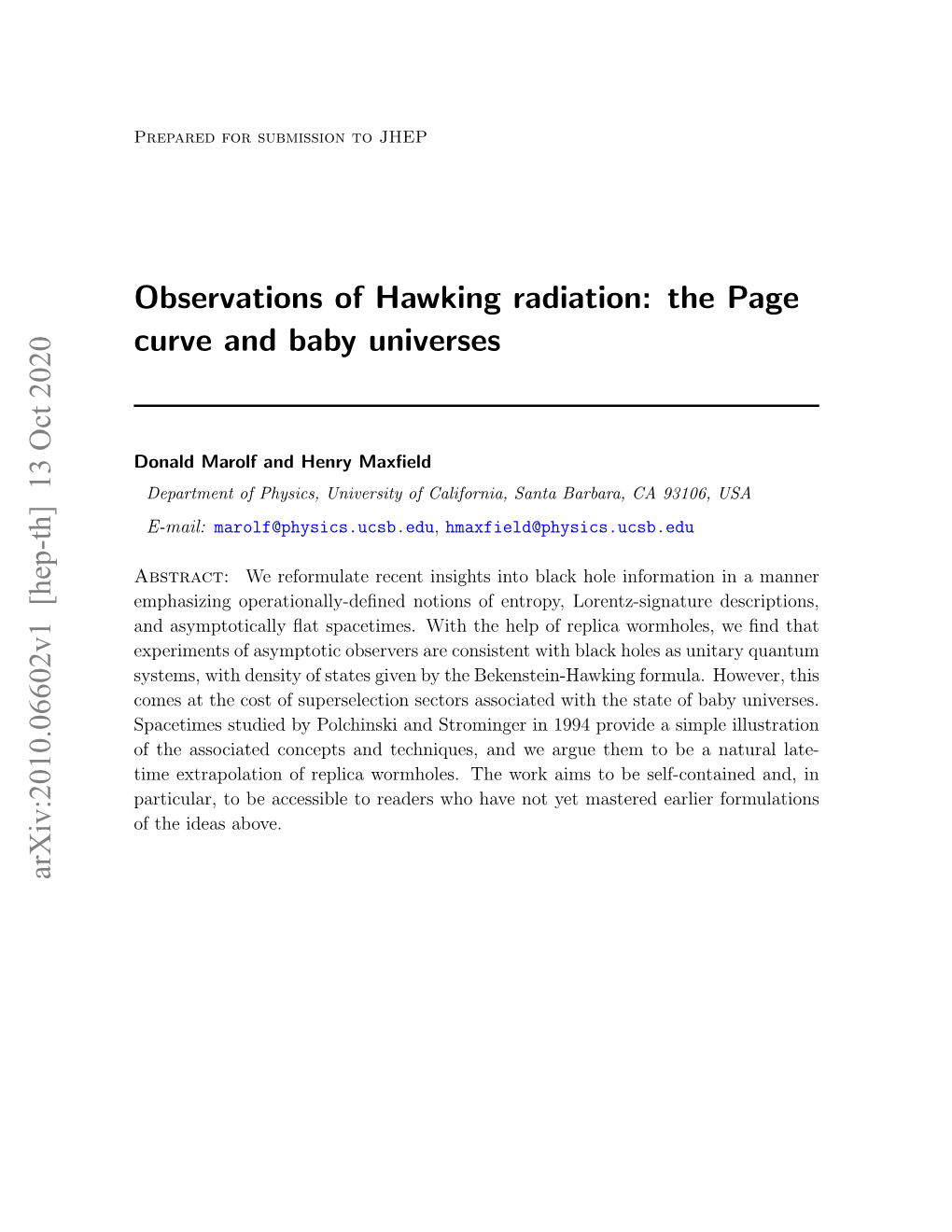 Observations of Hawking Radiation: the Page Curve and Baby Universes