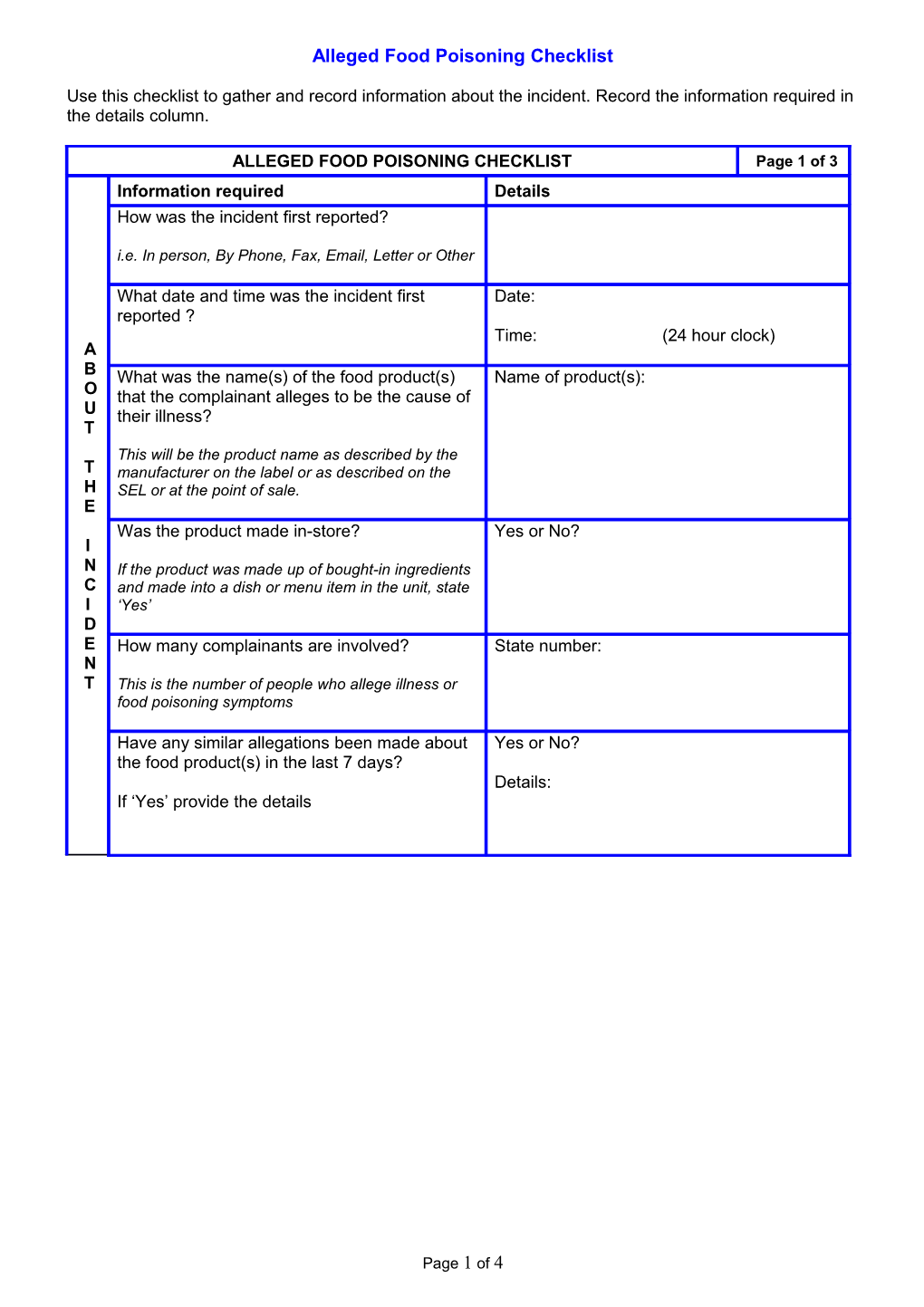 Alleged Food Poisoning Checklist