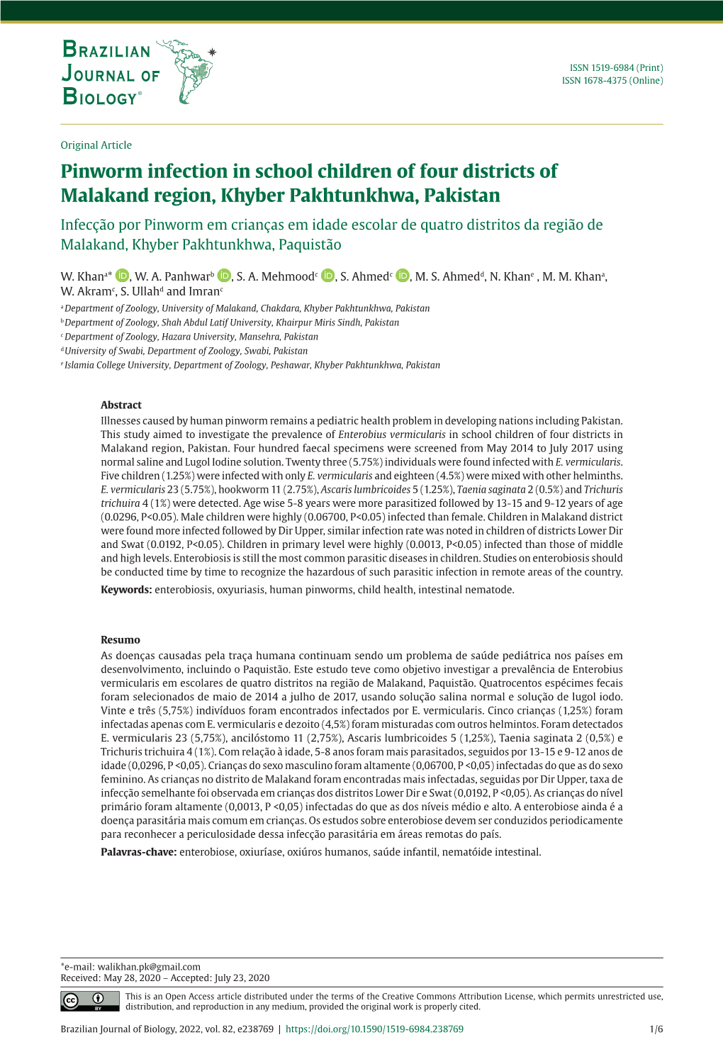 Pinworm Infection in School Children of Four Districts of Malakand Region