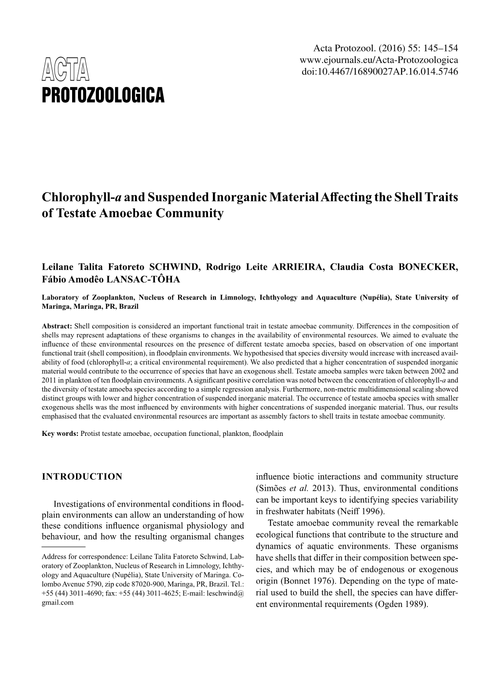 Chlorophyll-A and Suspended Inorganic Material Affecting the Shell Traits of Testate Amoebae Community