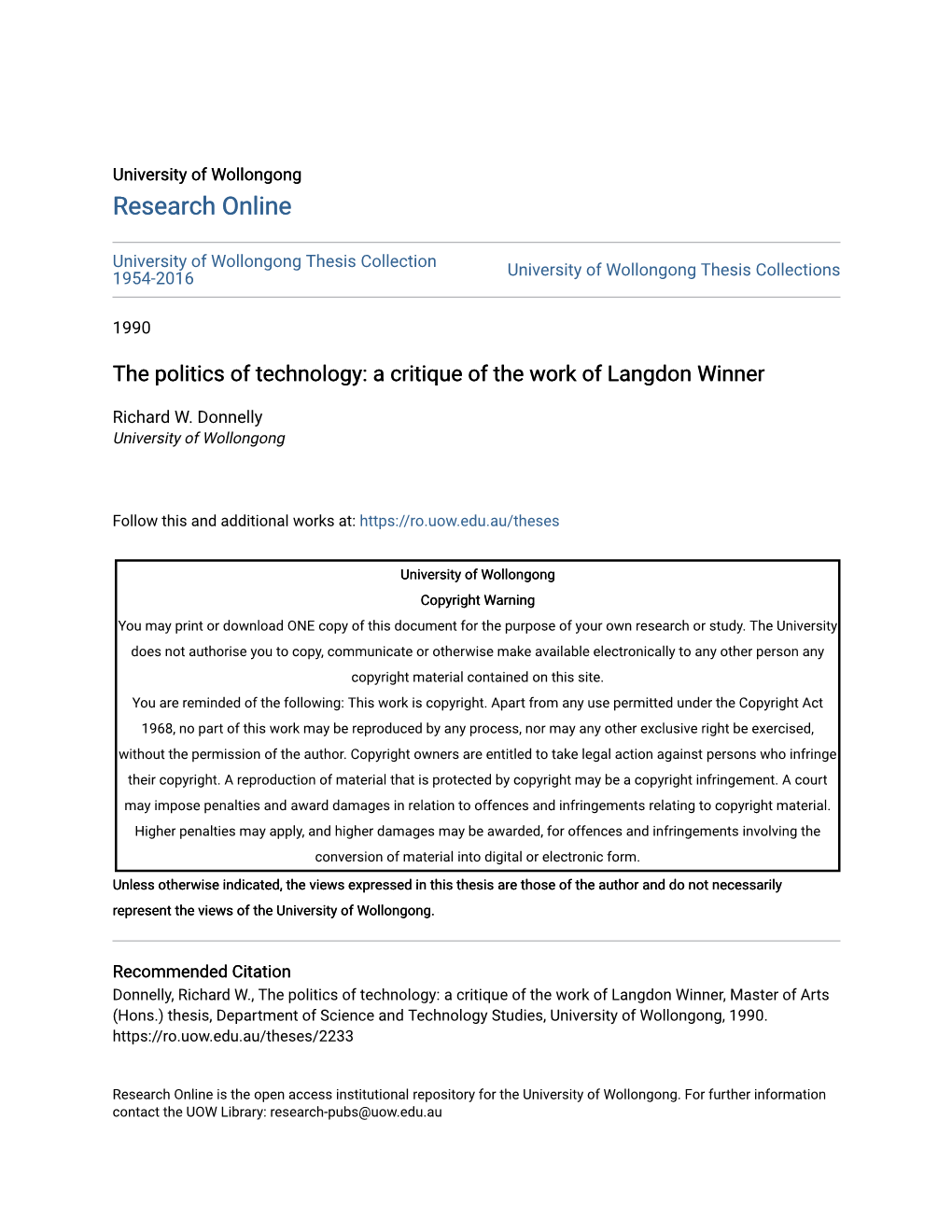 The Politics of Technology: a Critique of the Work of Langdon Winner