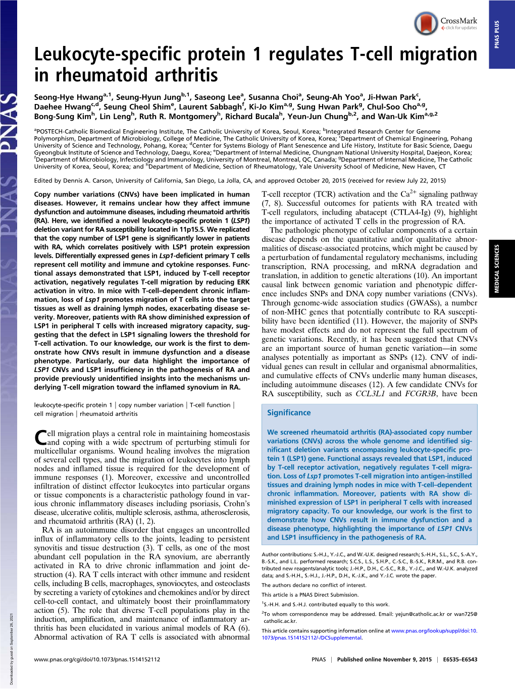 Leukocyte-Specific Protein 1 Regulates T-Cell Migration in Rheumatoid Arthritis