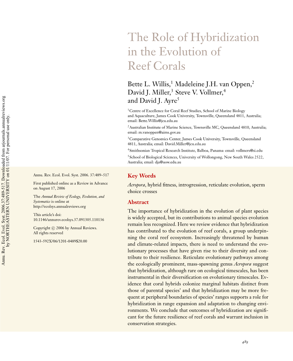 The Role of Hybridization in the Evolution of Reef Corals