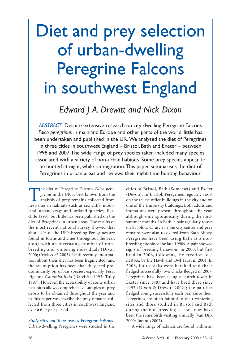 Diet and Prey Selection of Urban-Dwelling Peregrine Falcons in Southwest England Edward J.A