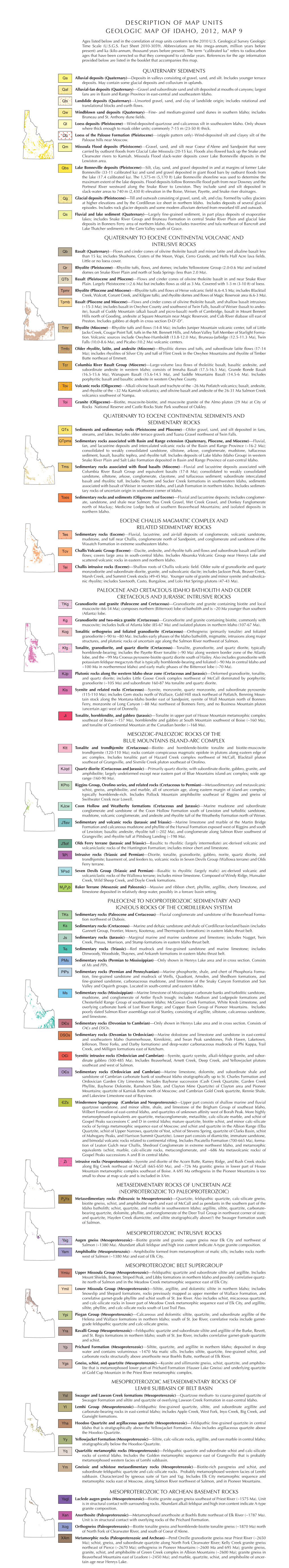 Description of Map Units Geologic Map of Idaho, 2012, Map 9