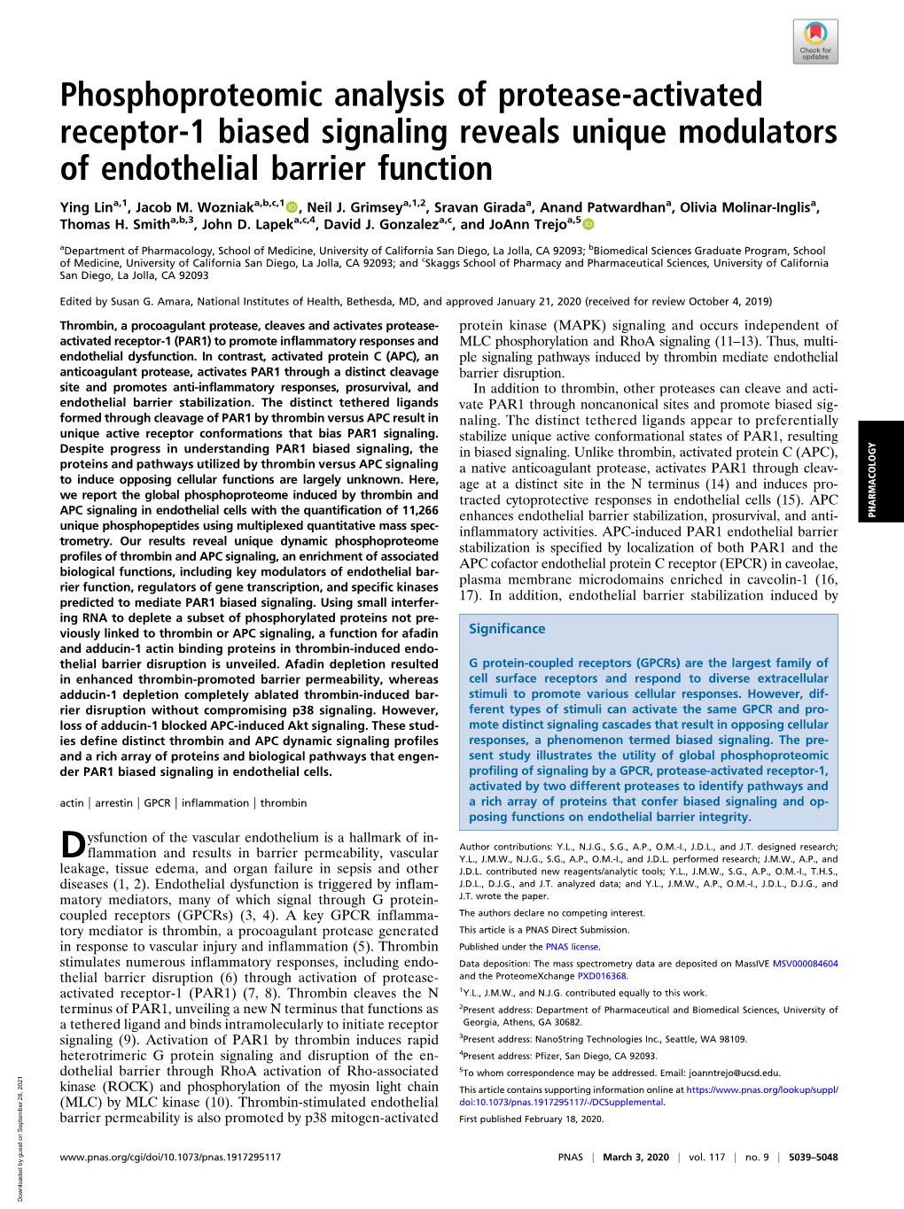 Phosphoproteomic Analysis of Protease-Activated Receptor-1 Biased Signaling Reveals Unique Modulators of Endothelial Barrier Function