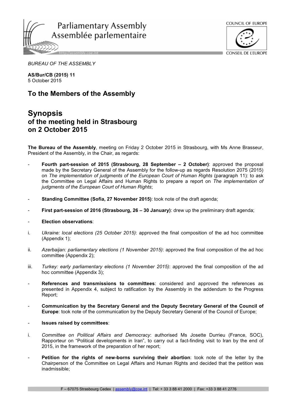 Synopsis of the Meeting Held in Strasbourg on 2 October 2015