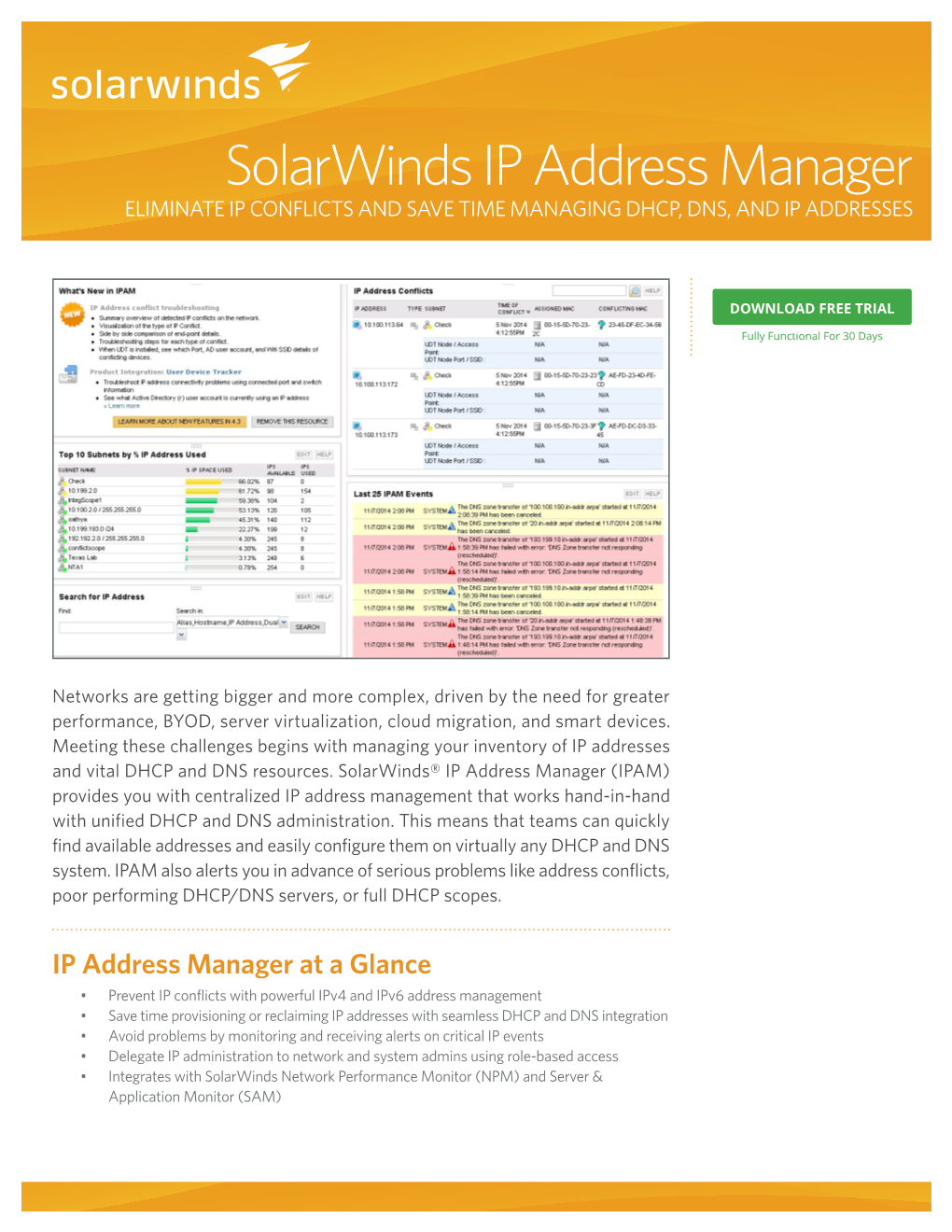 Solarwinds IP Address Manager ELIMINATE IP CONFLICTS and SAVE TIME MANAGING DHCP, DNS, and IP ADDRESSES