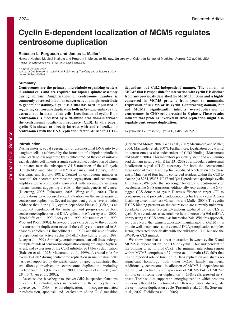 Cyclin E-Dependent Localization of MCM5 Regulates Centrosome Duplication