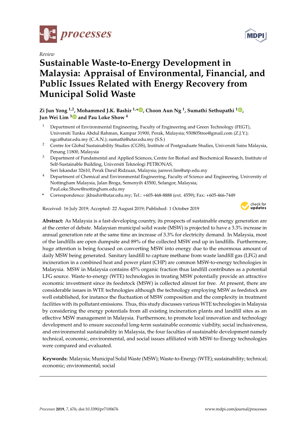 Sustainable Waste-To-Energy Development in Malaysia: Appraisal of Environmental, Financial, and Public Issues Related with Energy Recovery from Municipal Solid Waste