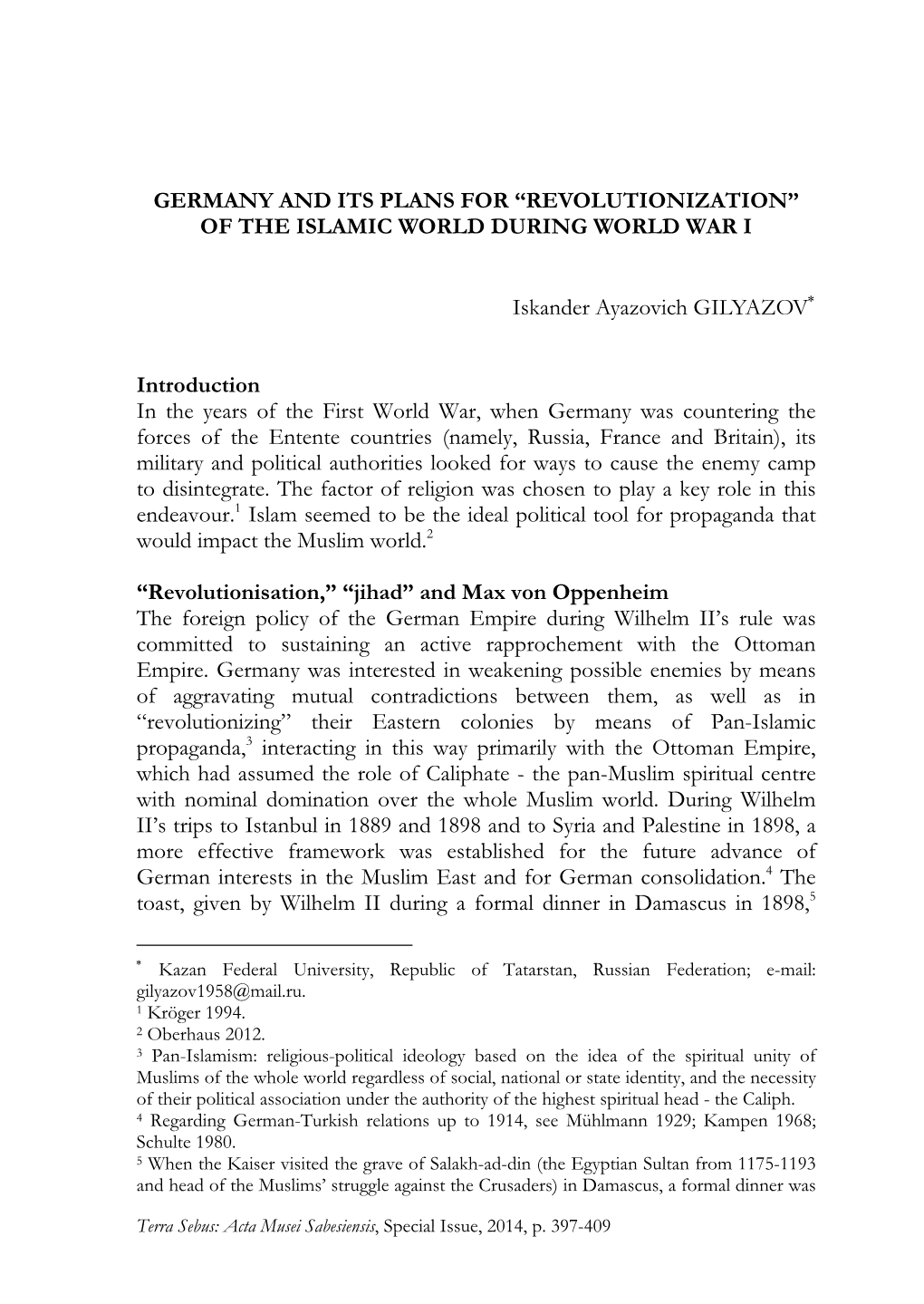 Germany and Its Plans for “Revolutionization” of the Islamic World During World War I