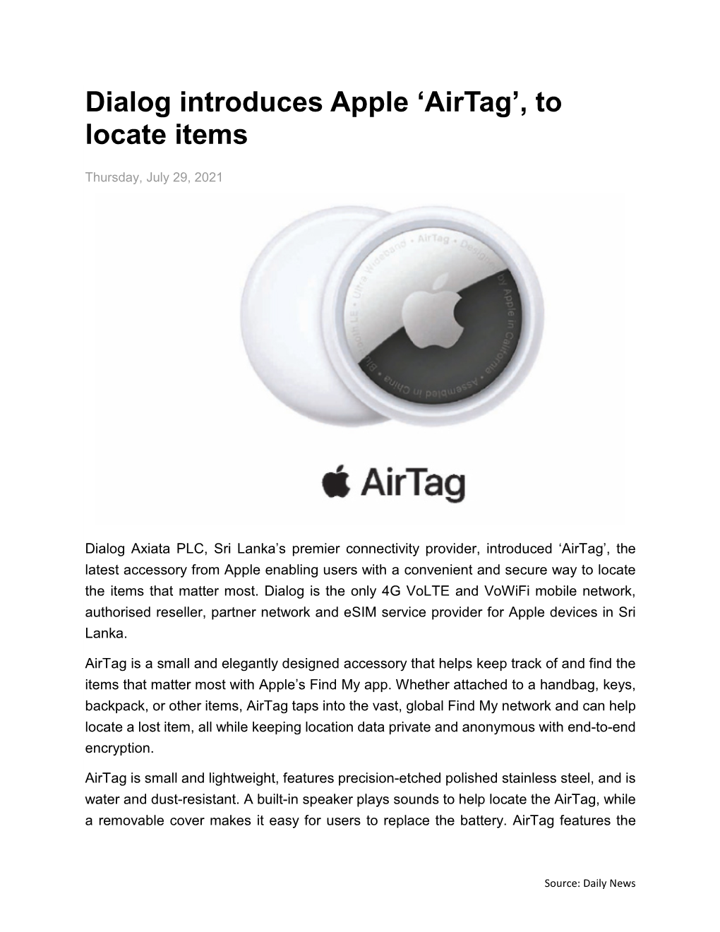 Dialog Introduces Apple 'Airtag', to Locate Items